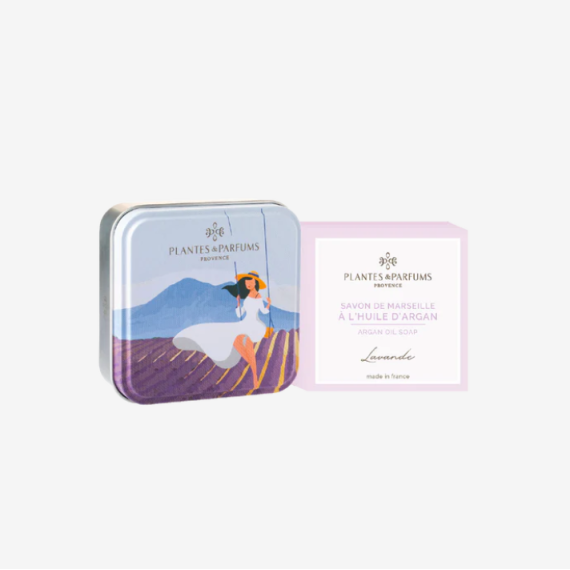 Lavender Eng Marseille Soap med olivenolje 100g (stykkesåpe) i en tinnboks