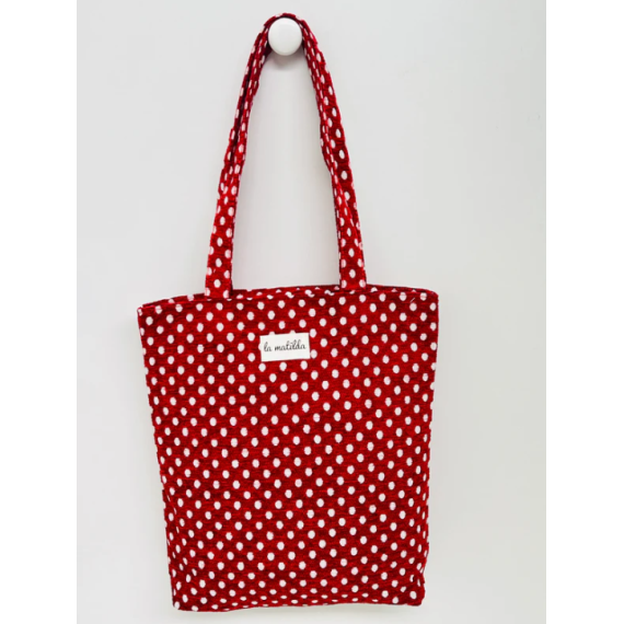 Totebag med glidelås M106-92 Rød velur med hvite prikker
