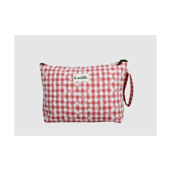 Toalettmappe Stor M402-125 Rosa ruter med broderi