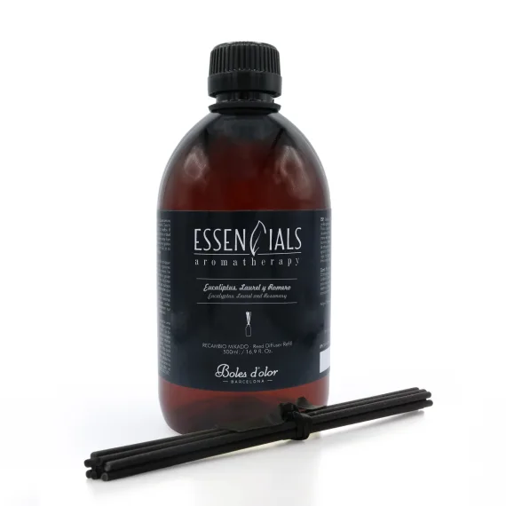 Eukalyptus, laurbærblad og rosmarin, Refill til duftpinner 500 ml + 6 sorte pinner