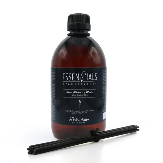 Lime, basilikum, mynte og mandarin, Refill til duftpinner 500 ml + 6 sorte pinner